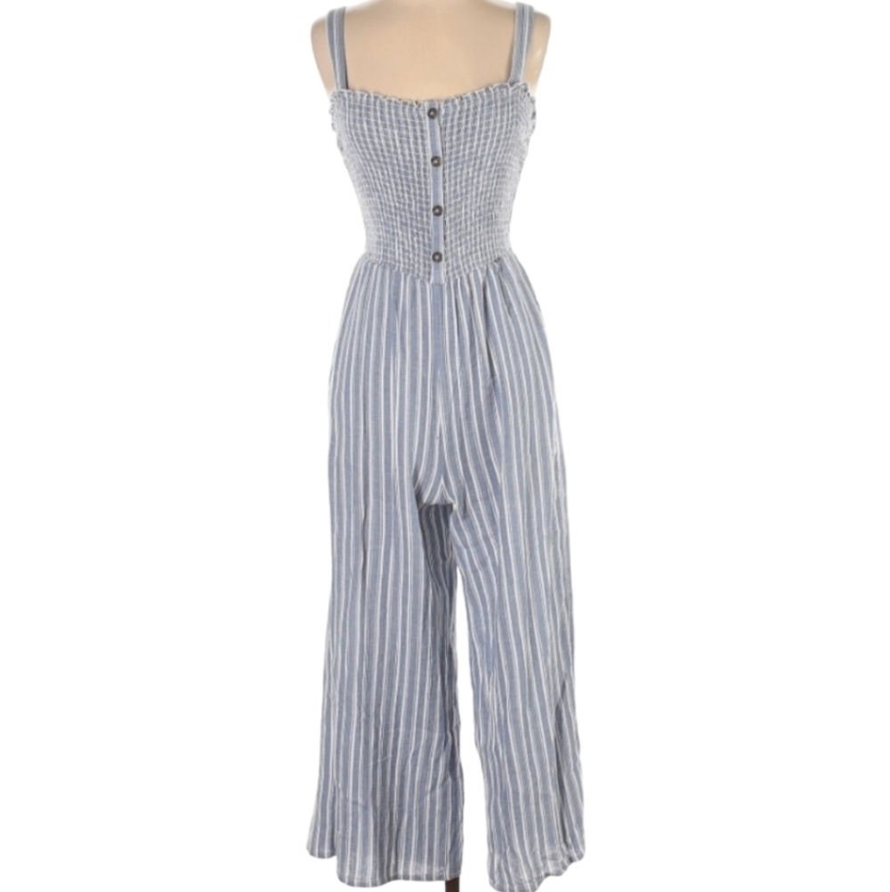 Hollister Cropped Jumpsuit Striped Small Smocked Top Flare Bottom Blue White EUC